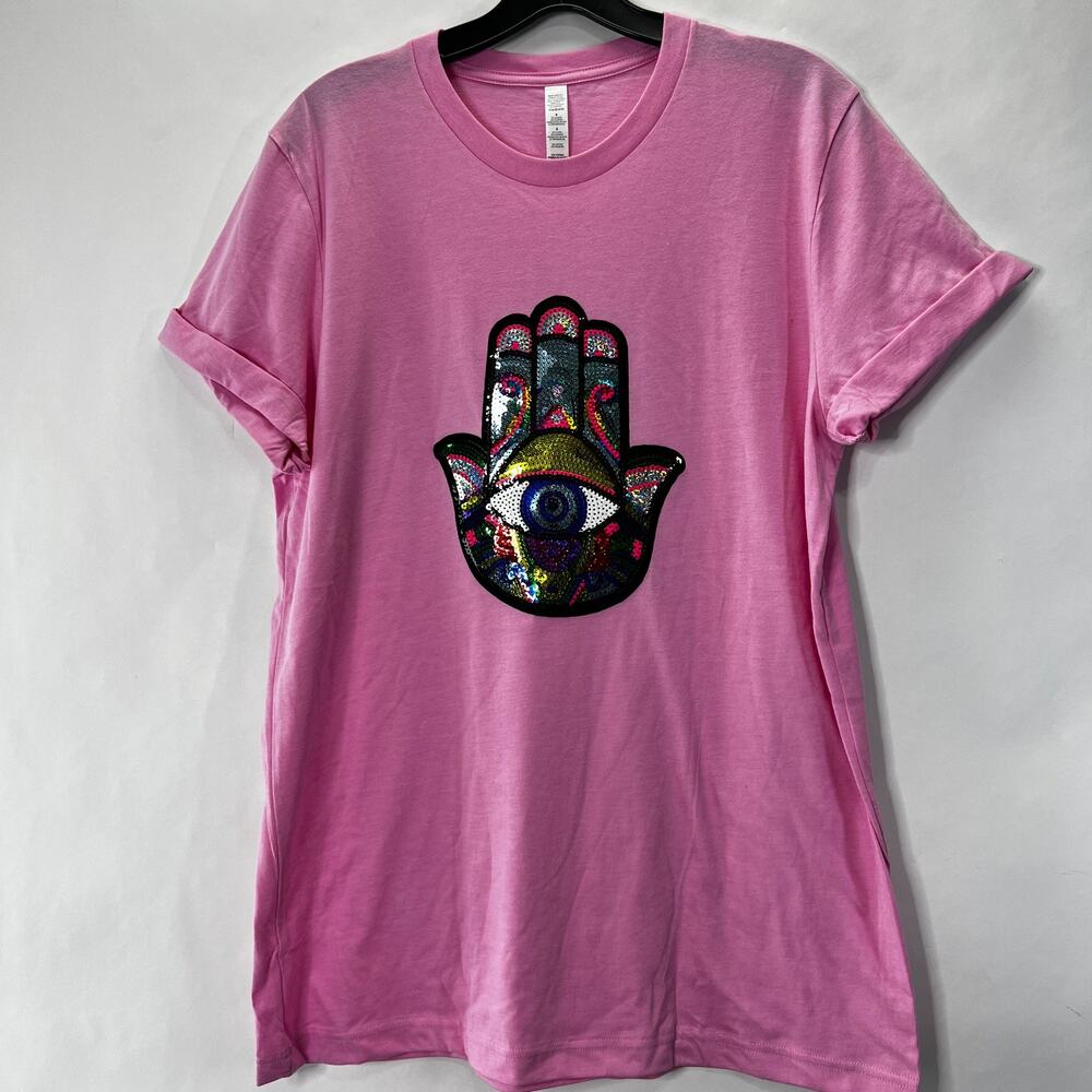 Sequins Evil Eye Hamsa Hand Pink Women's Shirt L